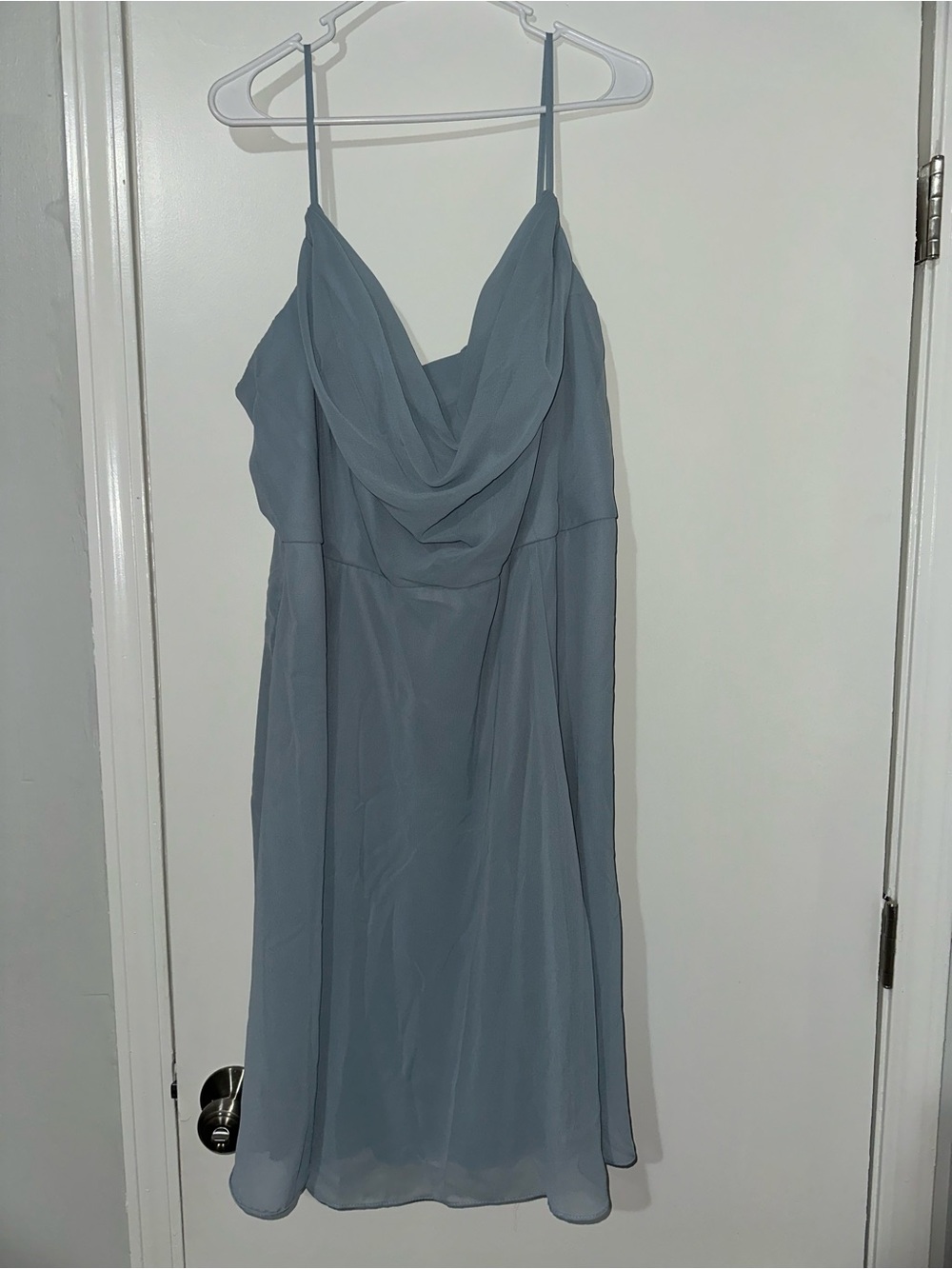 David's Bridal Dusty Blue Cowl Neck Mini Dress